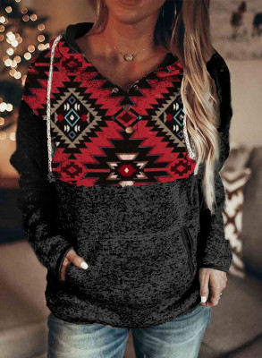 Tribal Geometric Printed Black Hoodie with Front Pocket
