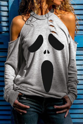 Gray Distressed Halloween Ghost Cold Shoulder Sweatshirt