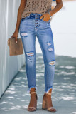 Sky Blue High Rise Button Front Frayed Ankle Skinny Jeans