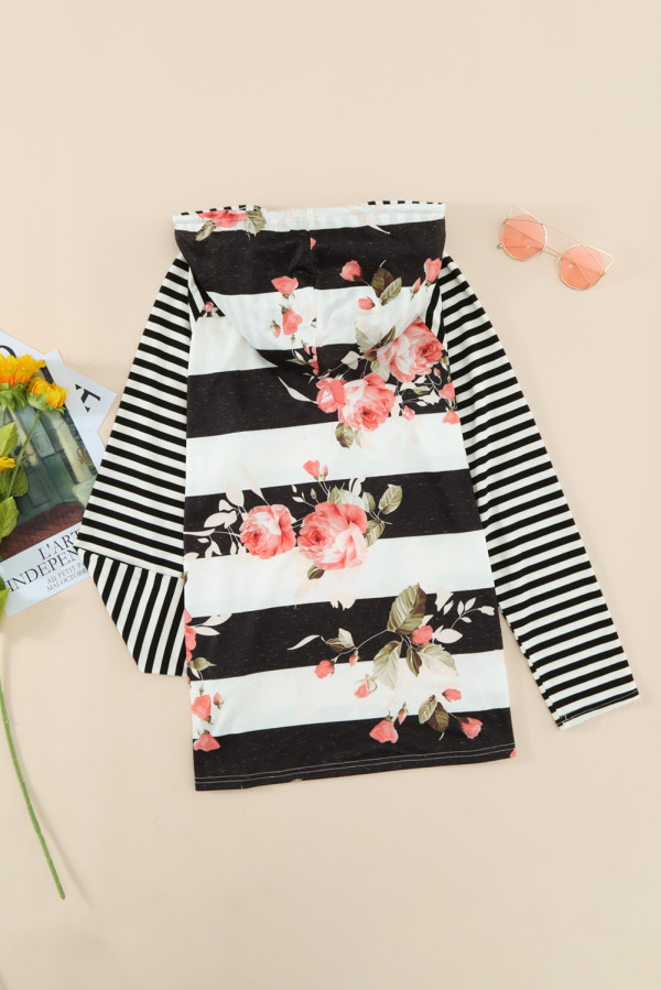 Black Floral Print Stripe Hooded Drawstring Long Sleeve Top