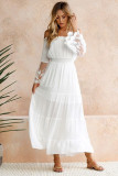 White Off Shoulder Embroidered Flared Sleeve Lace Maxi Dress