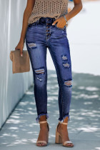 Blue High Rise Button Front Frayed Ankle Skinny Jeans