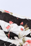 Black Floral Print Stripe Hooded Drawstring Long Sleeve Top