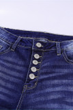 Blue High Rise Button Front Frayed Ankle Skinny Jeans