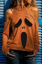 Orange Distressed Halloween Ghost Cold Shoulder Sweatshirt