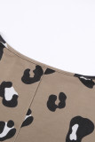 Brown Crew Collar Leopard Print High/Low Hem Long Sleeve Top