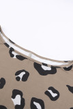 Brown Crew Collar Leopard Print High/Low Hem Long Sleeve Top