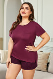 Red Plus Size Solid T-shirt and Striped Shorts Lounging Set