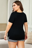 Black Plus Size Solid T-shirt and Striped Shorts Lounging Set