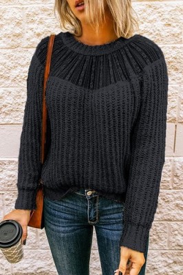 Black Crew Neck Lace Stitching Sleeve Sweater