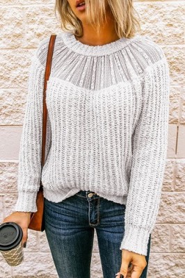 White Crew Neck Lace Stitching Sleeve Sweater