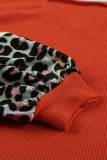 Red V Neck Leopard Stripe Splice Lantern Sleeve Top