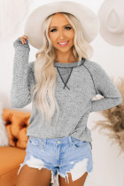 Gray Contrasted Stitching Hacci Knit Long Sleeve Top