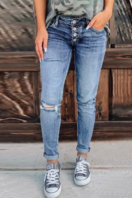 Blue Hollow Out Button-fly Distressed Jeans