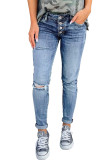Blue Hollow Out Button-fly Distressed Jeans
