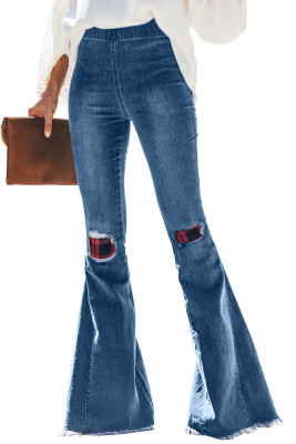 Red Plaid Patchwork Bell Bottom Jeans With Frayed Hem