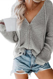 Gray Zipper V-neck Dropped Sleeve Hooded Solid Sweater