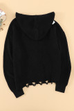Black Zipper V-neck Dropped Sleeve Hooded Solid Sweater