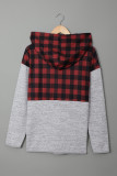 Red Plaid Splicing Pocketed Gray Hoodie