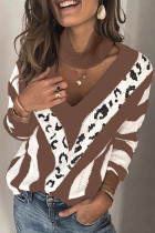 Brown V Neck Striped Sweater