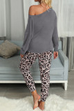 Gray Casual Long Sleeve Leopard Pants Loungewear Set