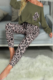 Green Casual Long Sleeve Leopard Pants Loungewear Set