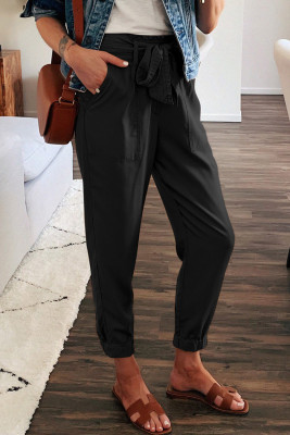 Black Solid Color Frock-style Pants with Belt