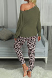 Green Casual Long Sleeve Leopard Pants Loungewear Set