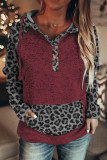 Color Block Leopard Long Sleeves Wine Hoodie