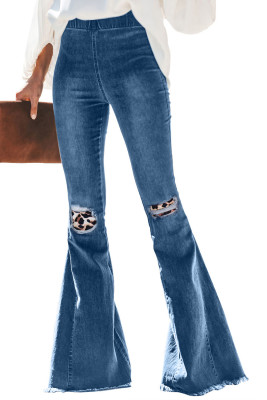 Leopard Patchwork Bell Bottom Jeans With Frayed Hem