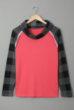 Red Cowl Neck Plaid Splice Casual Long Sleeve Top