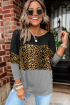 Gray Colorblock Leopard Patchwork Long Sleeve Top