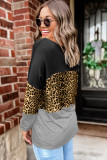 Gray Colorblock Leopard Patchwork Long Sleeve Top