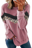 Pink Leopard Print Crew Neck Color Block Sweatshirt