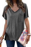 Gray V Neck Short Sleeves Cotton Blend Tee with Front Pocket and Side Slits