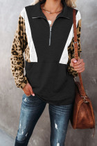 Black Pocketed Half Zip Leopard Pullover Sweatshirt