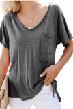 Gray V Neck Short Sleeves Cotton Blend Tee with Front Pocket and Side Slits