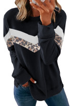 Black Leopard Print Crew Neck Color Block Sweatshirt