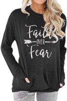 Dark Grey Faith Over Fear Printed Round Neck Long Sleeve T-shirt