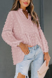 Pink Ruffled Split Neck Lace Hollow Out Puff Sleeve Polka Dot Blouse
