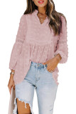 Pink Ruffled Split Neck Lace Hollow Out Puff Sleeve Polka Dot Blouse