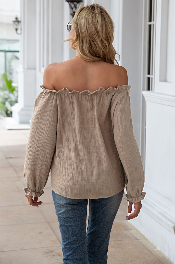 US 6.83 Khaki Off Shoulder Ruffle Tops