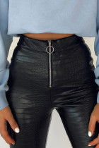 Black Round Zipper PU Leather Pants