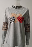Gray Heart Striped Leopard Long Sleeve Top