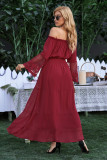 Wine Off Shoulder Embroidered Flared Sleeve Lace Maxi Dress