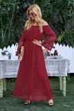 Wine Off Shoulder Embroidered Flared Sleeve Lace Maxi Dress
