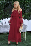 Wine Off Shoulder Embroidered Flared Sleeve Lace Maxi Dress