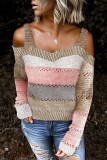 Multicolor Trim Colorblock Stripes Cold Shoulder Hollow-out Sweater