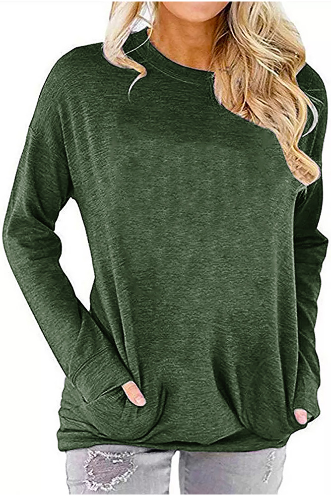 US$ 13.60 - Army Green Crew Neck With Pockets Long Sleeve Top - www ...