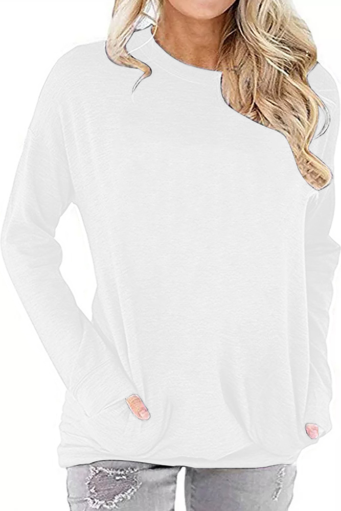 US$ 13.60 - White Crew Neck With Pockets Long Sleeve Top - www.unishe.com